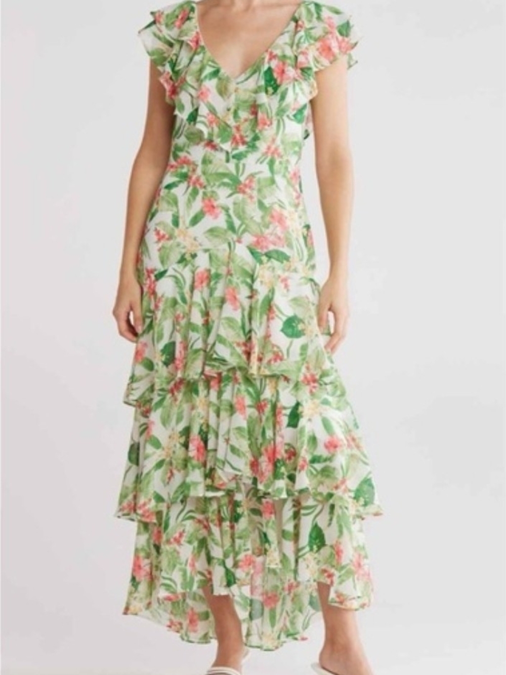 Wayf Green and Pink Floral Ruffle High-Low Maxi Dress